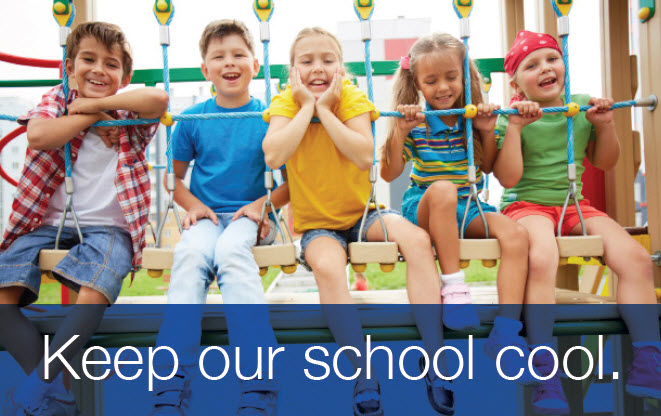 kids on a playground with text reading keep our school cool