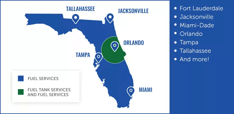 Greens Energy service area map, showing whole state for fuel services and Orland area for fuel tank and fuel services.
